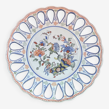 Plat Ajouré en Faïence de Desvres décor Rouen Corne d'abondance fleuri 27,5 cm