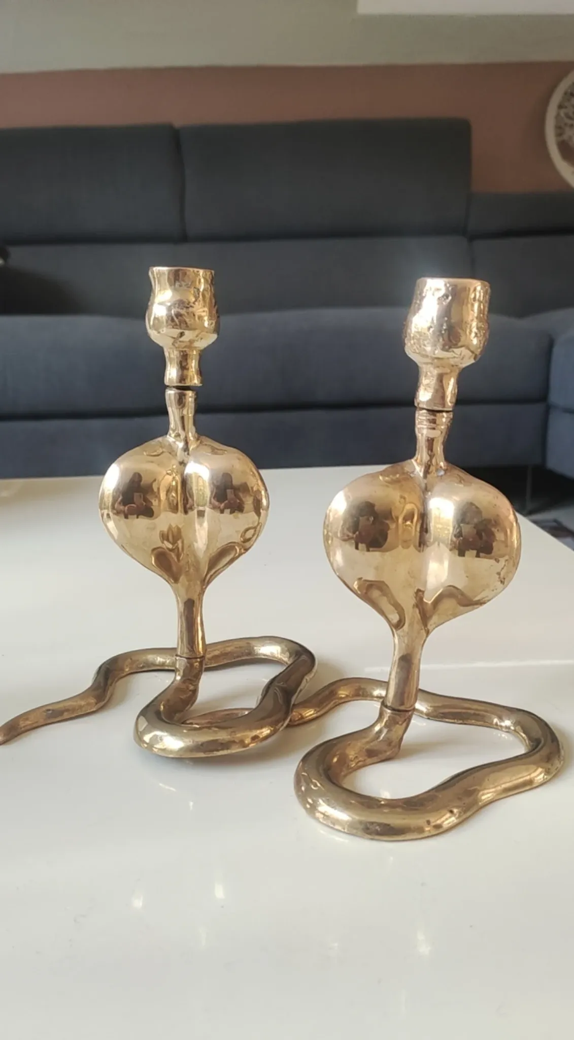 Pair of Antique Zoomorphic Cobra Candle Holders. In brass. India.