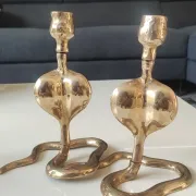 Pair of Antique Zoomorphic Cobra Candle Holders. In brass. India.