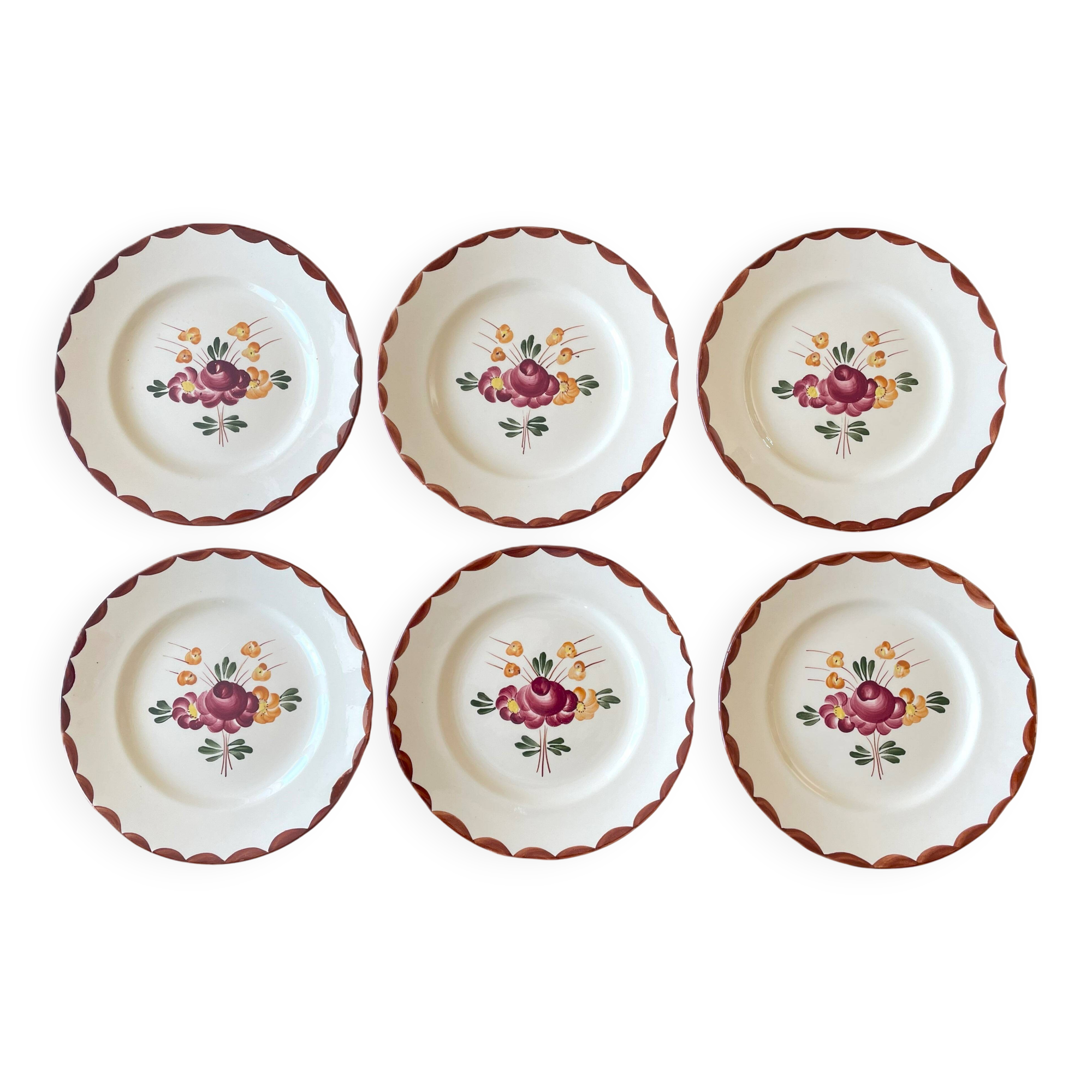 6 antique Longchamp earthenware dessert plates