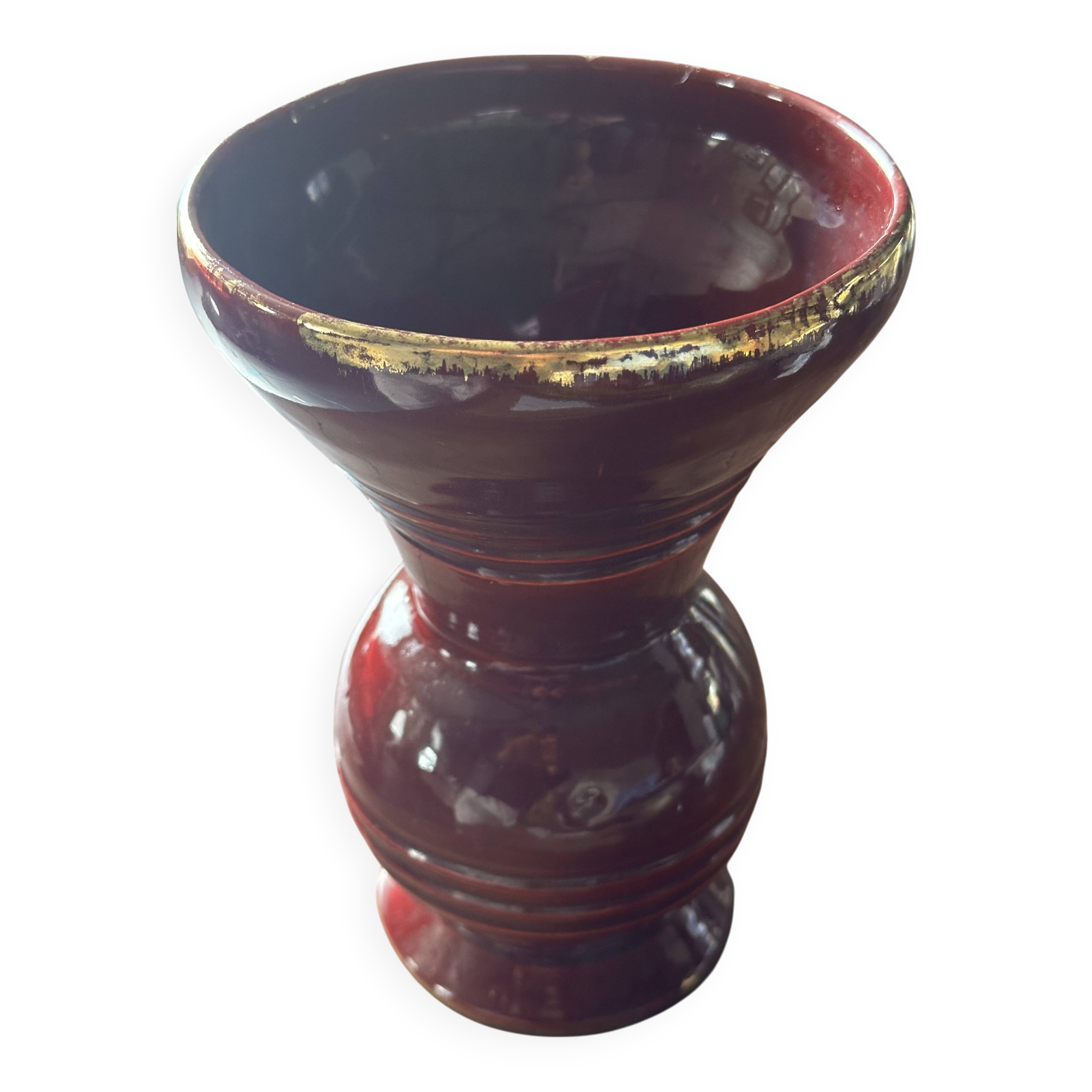 Ringed ceramic vase from Louviers, red and gold, 1950s