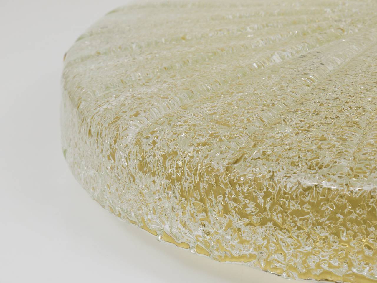 Carl Fagerlund Orrefors textured glass and brass flush mount ceiling light, Sweden, 1950s.