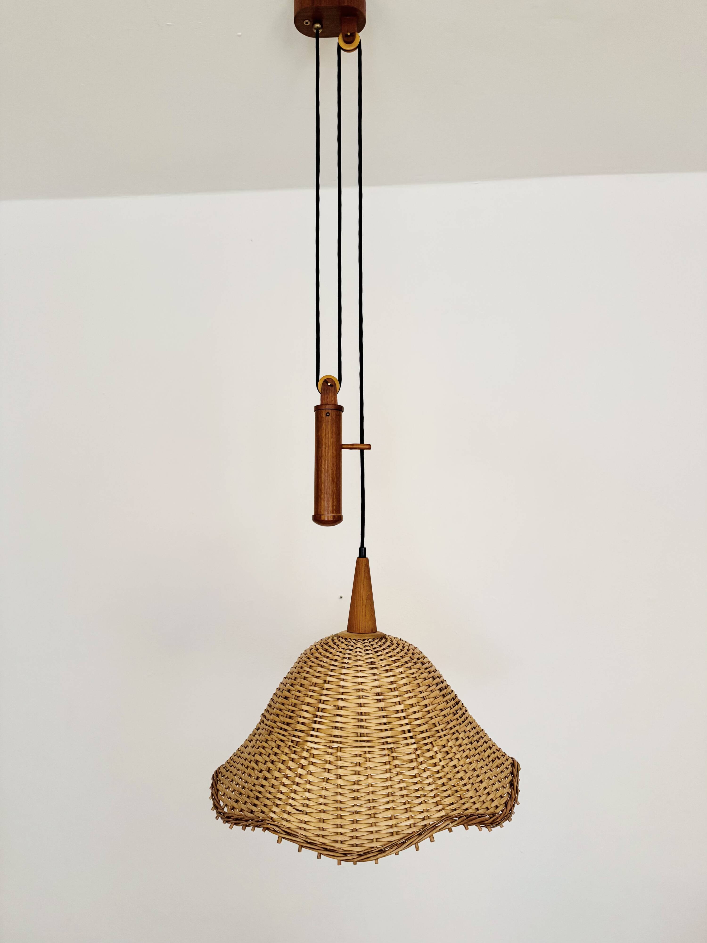 Adjustable Wicker and Teak Pendant Lamp