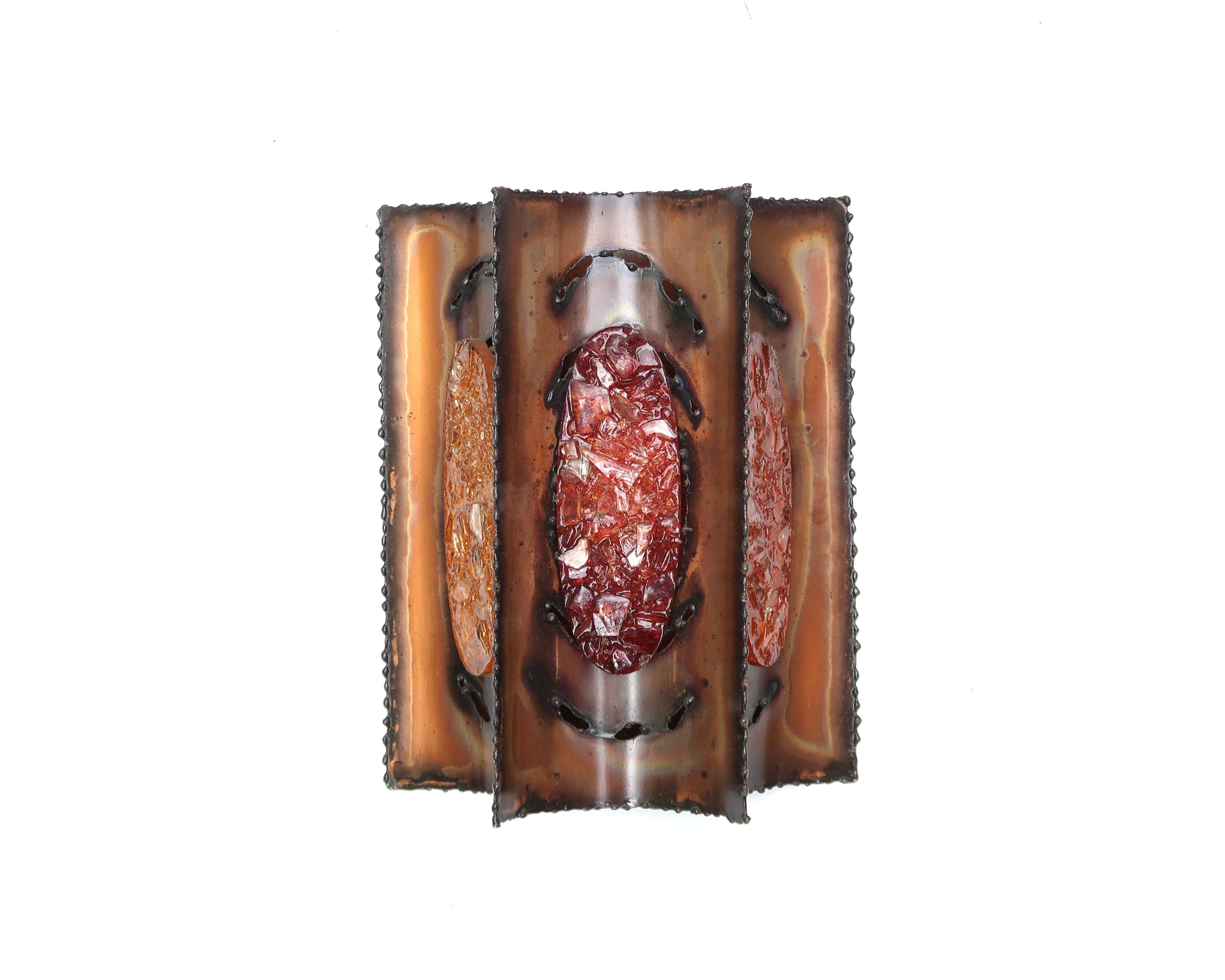 Pair of brutalist Accolay wall lights in copper and resin, 1960s