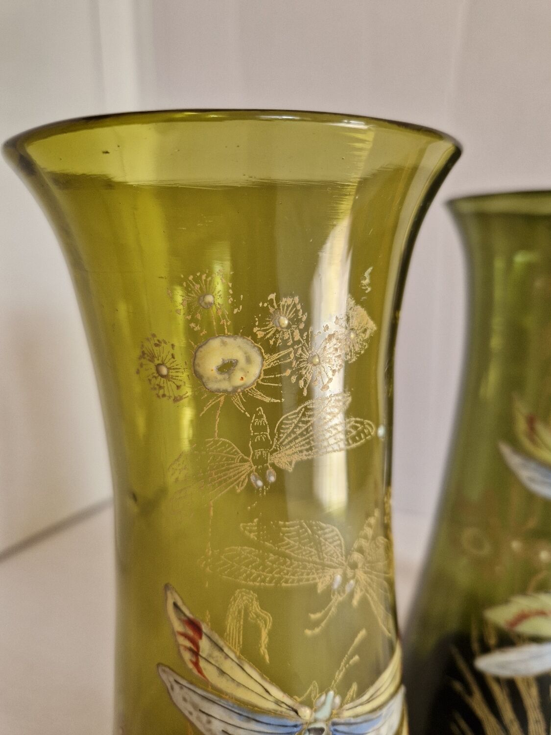 Pair of Enameled Glass Vases with Dragonflies. Unsigned Legras