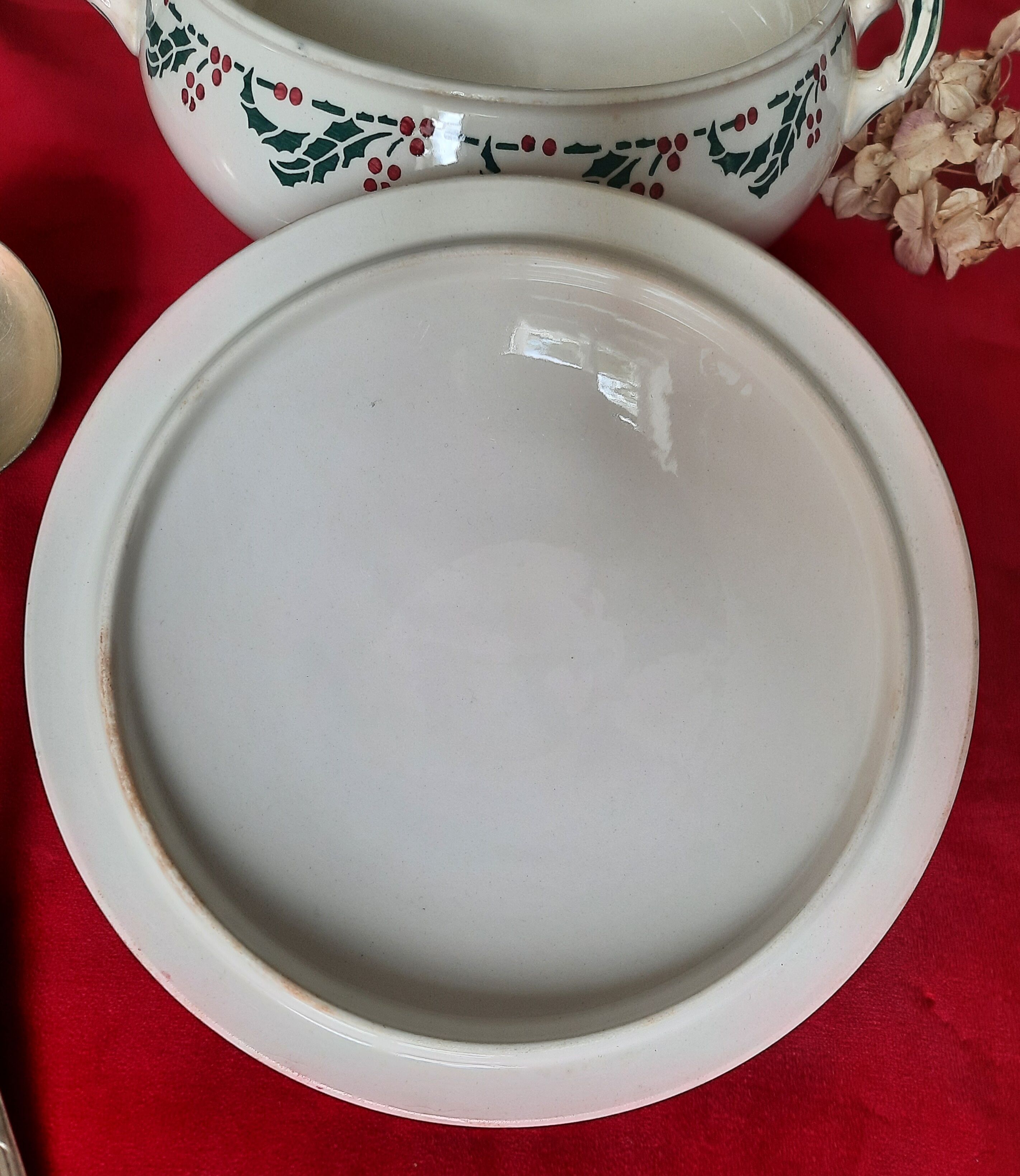 Flat, dessert, hollow plates and tureen in old earthenware
