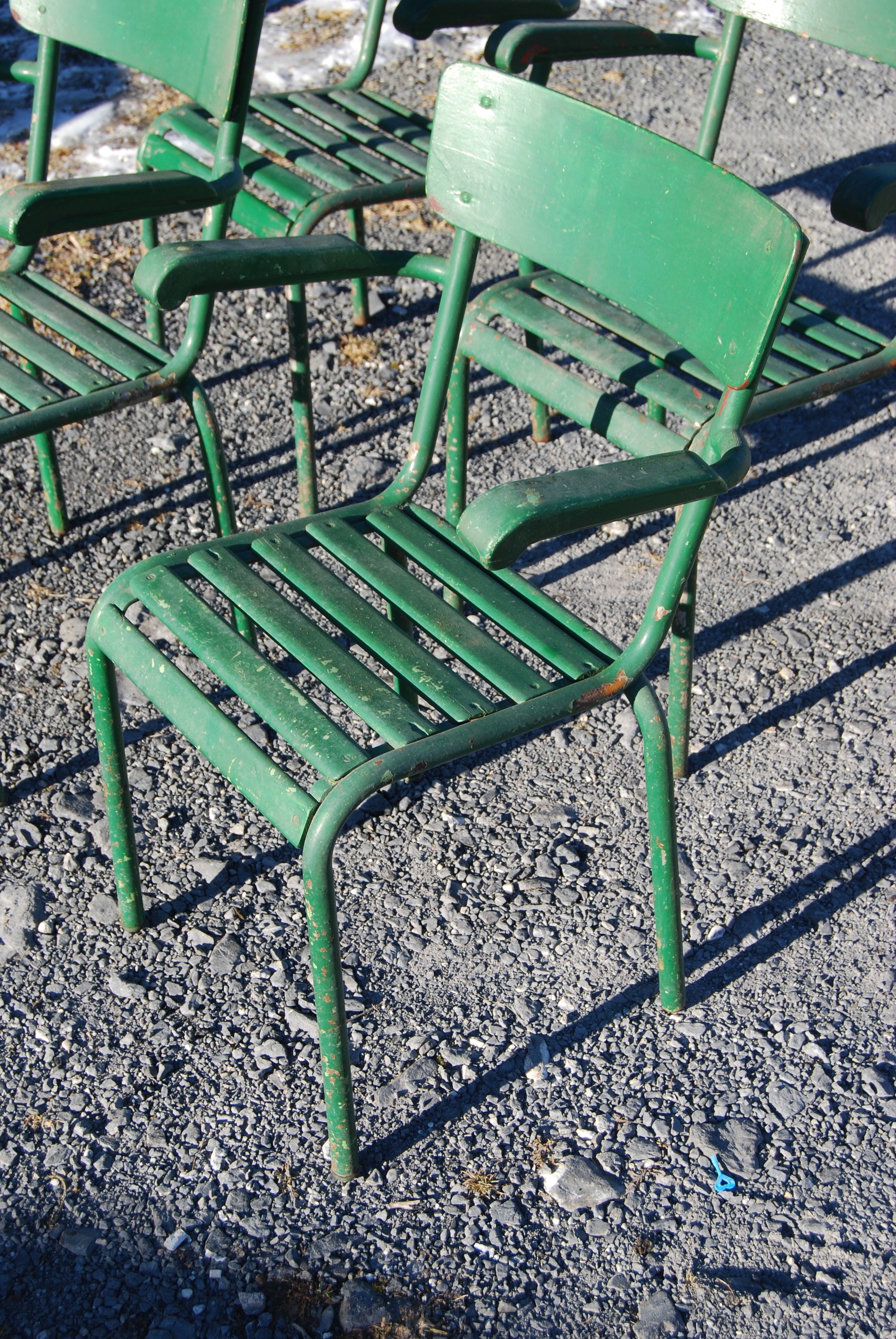 4 stackable garden armchairs wooden slats and metal tubes from the 50s