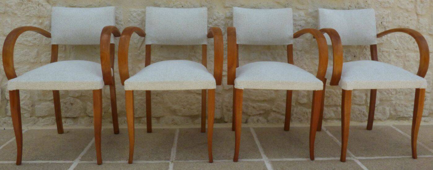 Chic 1950s bridge chairs in solid wood, white and beige, hand-stitched.