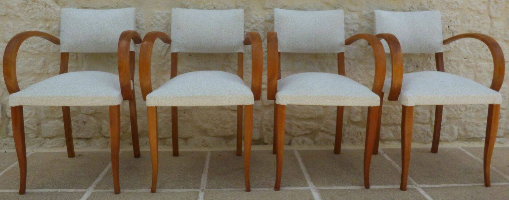 Fauteuils bridges chic année 50 en bois massif   blanc beige cousus main