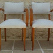 Fauteuils bridges chic année 50 en bois massif   blanc beige cousus main
