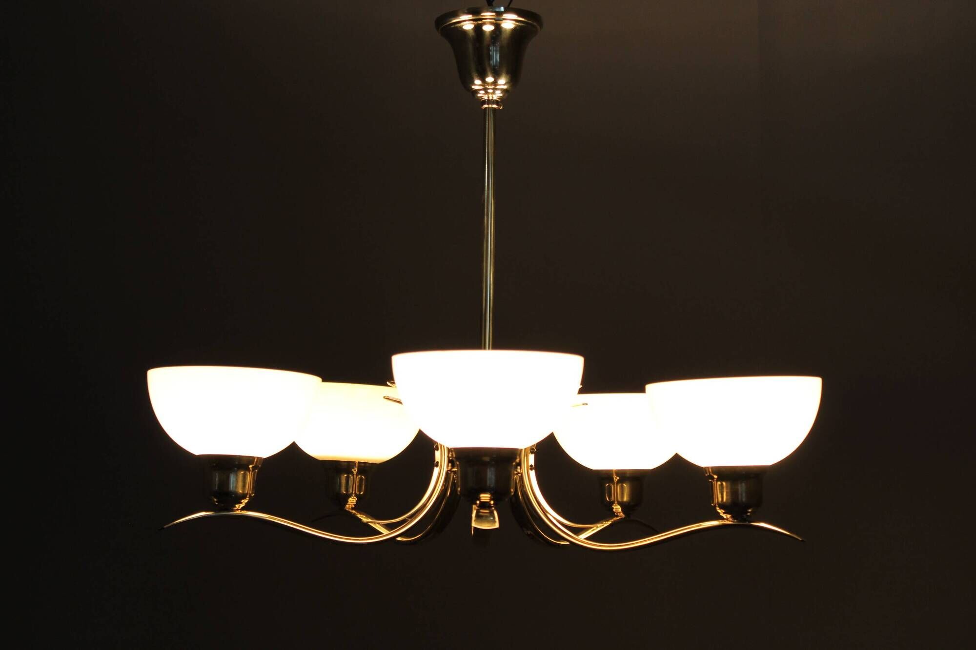 Art Deco brass chandelier with cream opaline glass, Czechoslovakia 1930s