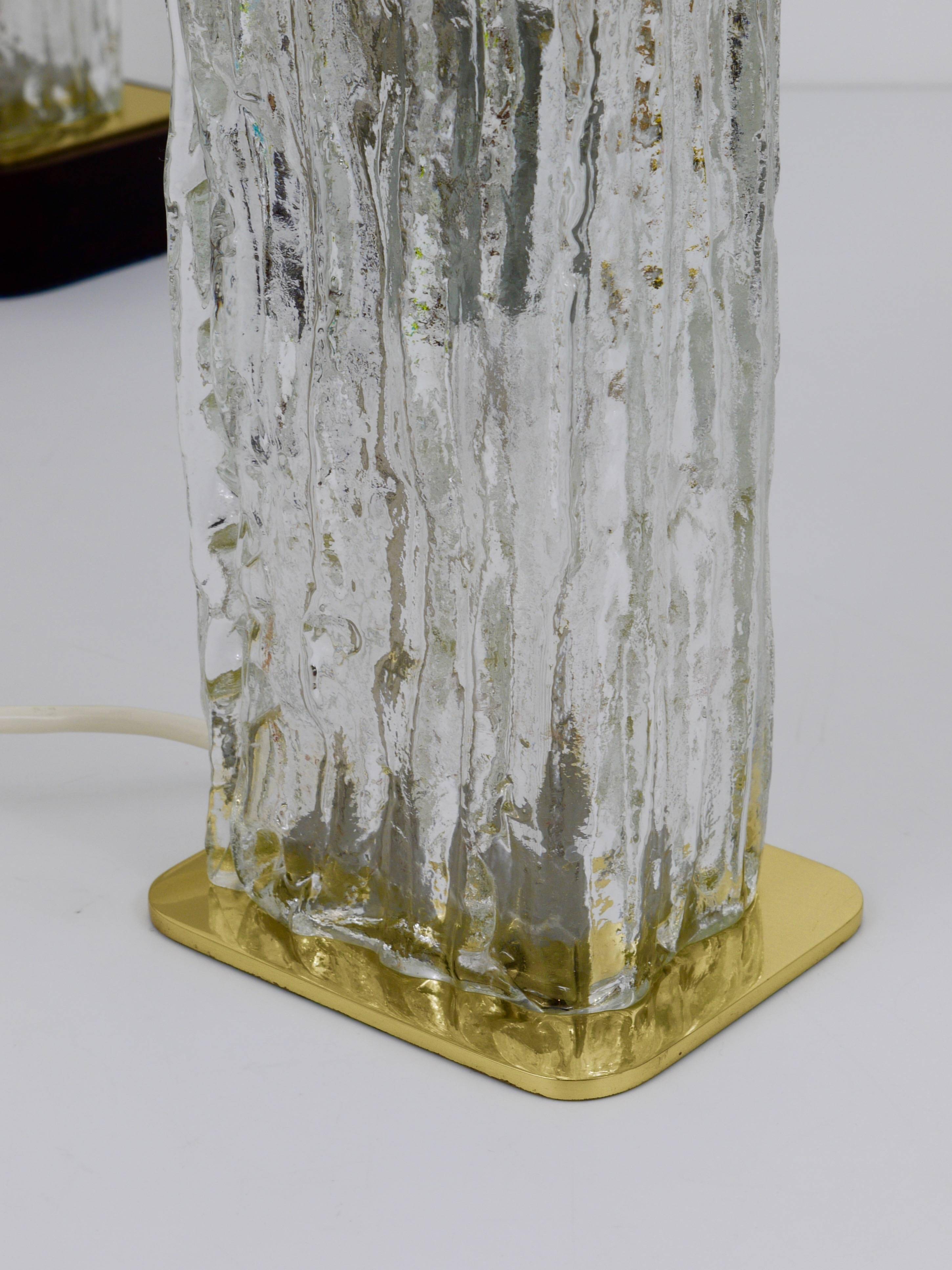 Pair of large glass ice table lamps by J.T. Kalmar "Frankenberg" with illuminated base.