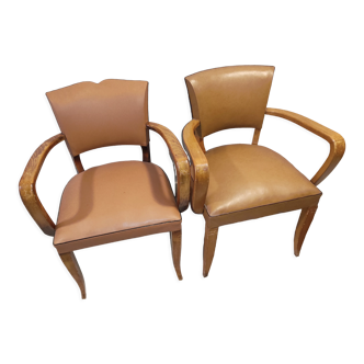 2 old armchairs bridge 1950 wood vintage leather