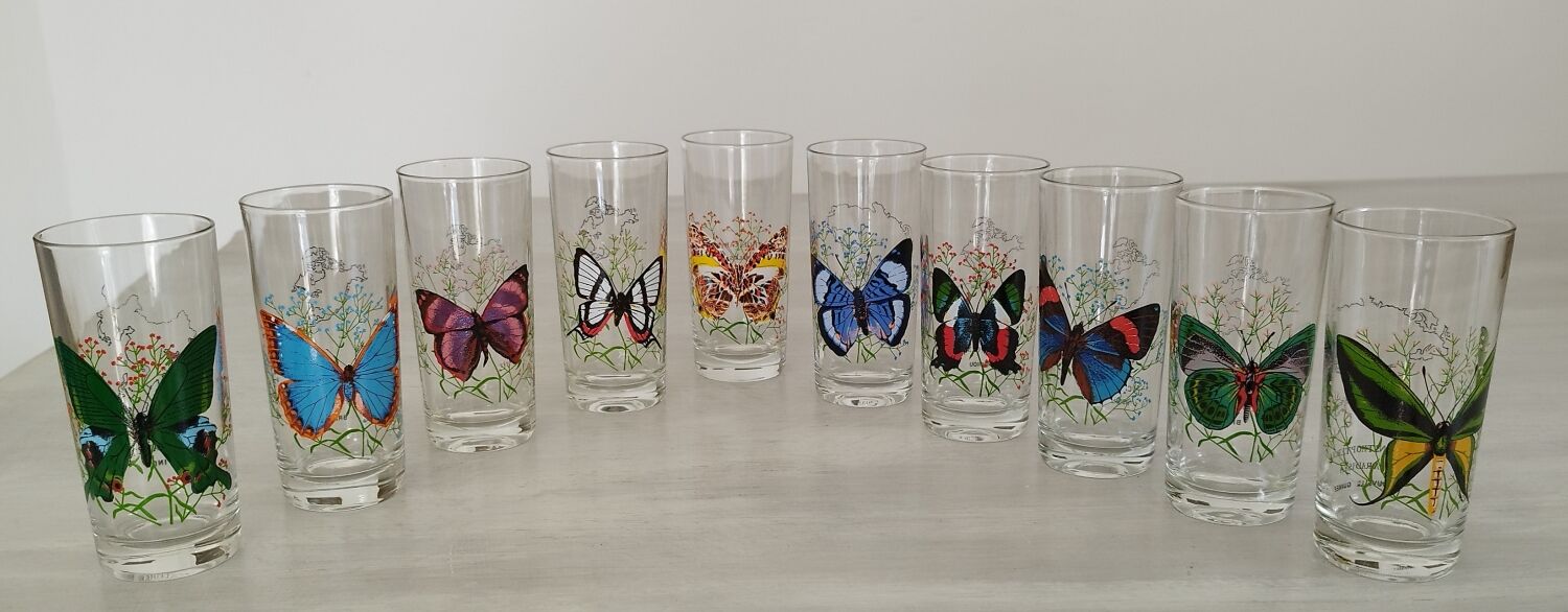 Verres à orangeade en verre décor papillon vintage