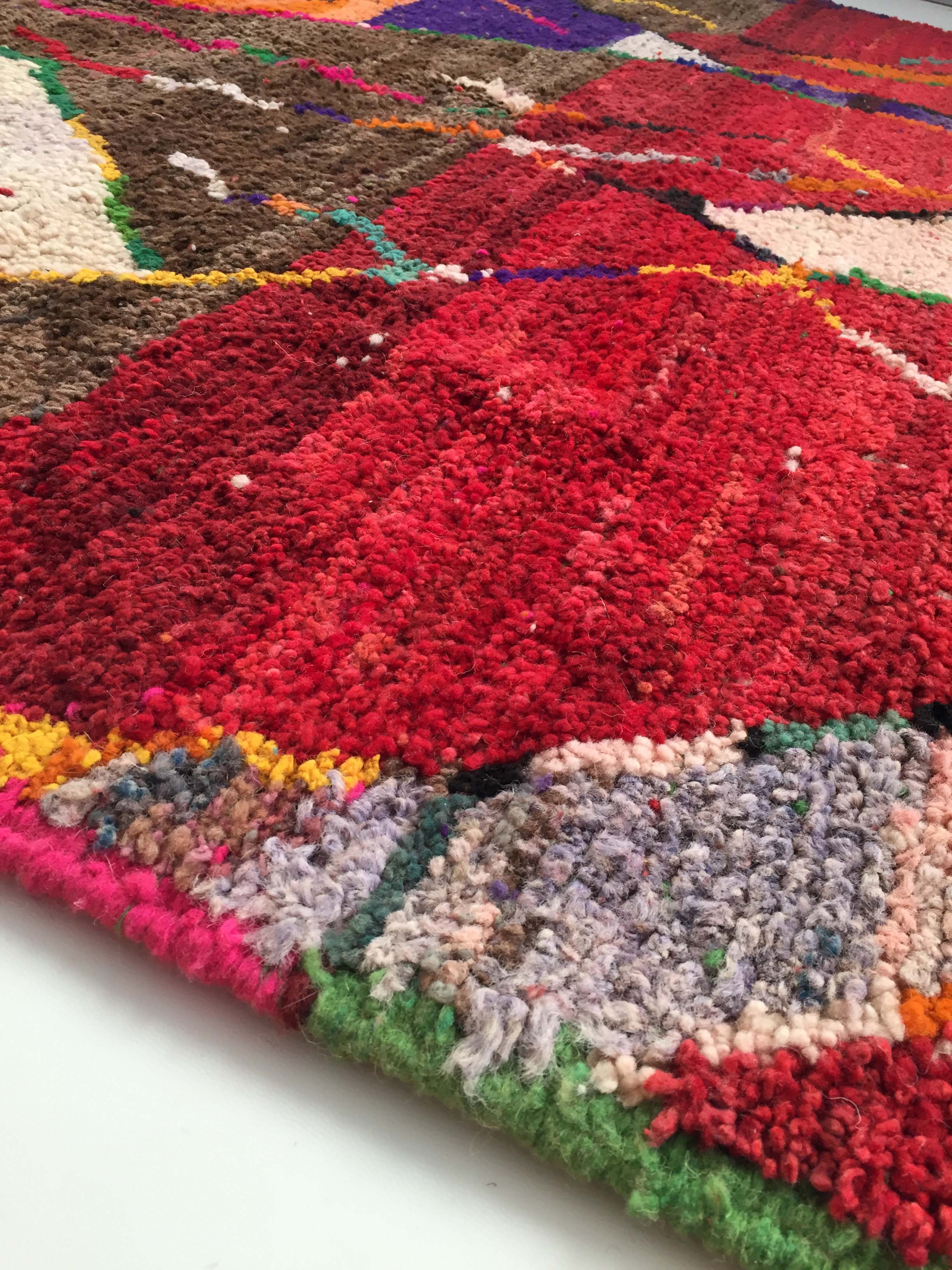 Moroccan Berber carpet Boujaad red and brown with colorful patterns 252x156cm