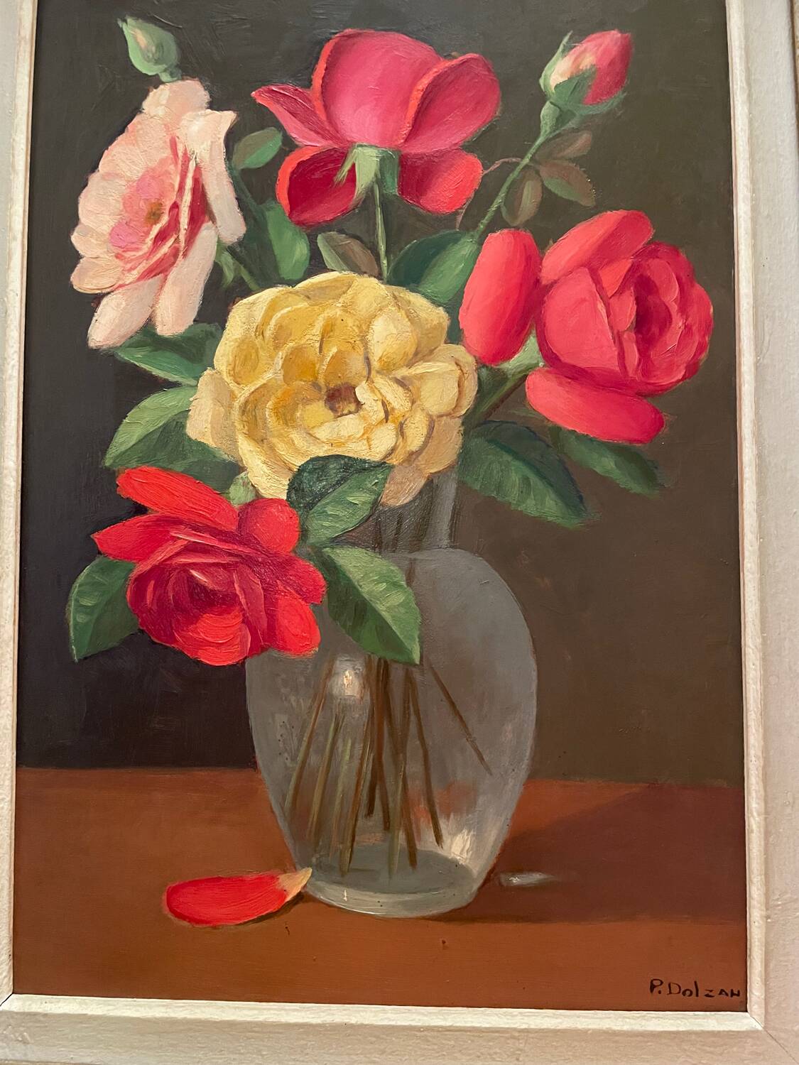 Painting bouquet of roses signed Primo Dolzan