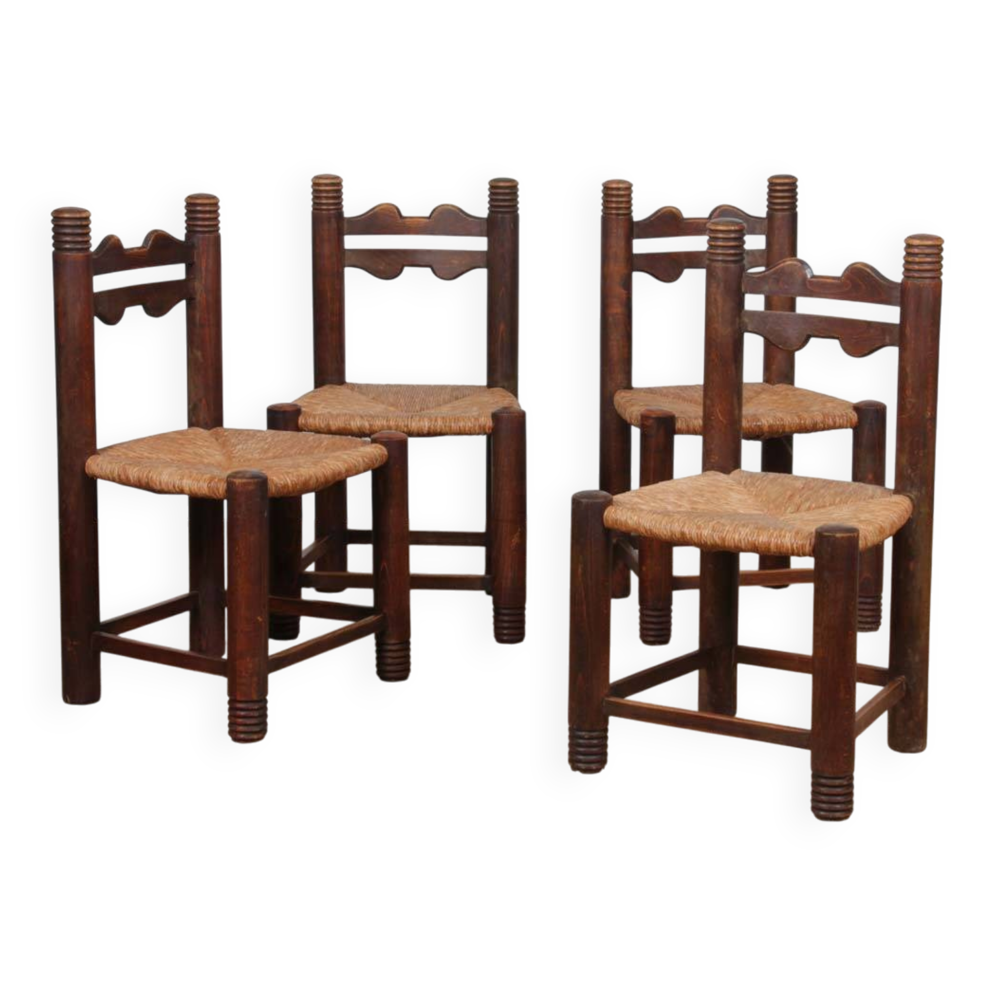 Set of 4 straw-seated solid wood chairs, French craftsmanship, 1950.