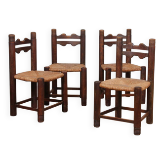 Set of 4 straw-seated solid wood chairs, French craftsmanship, 1950.