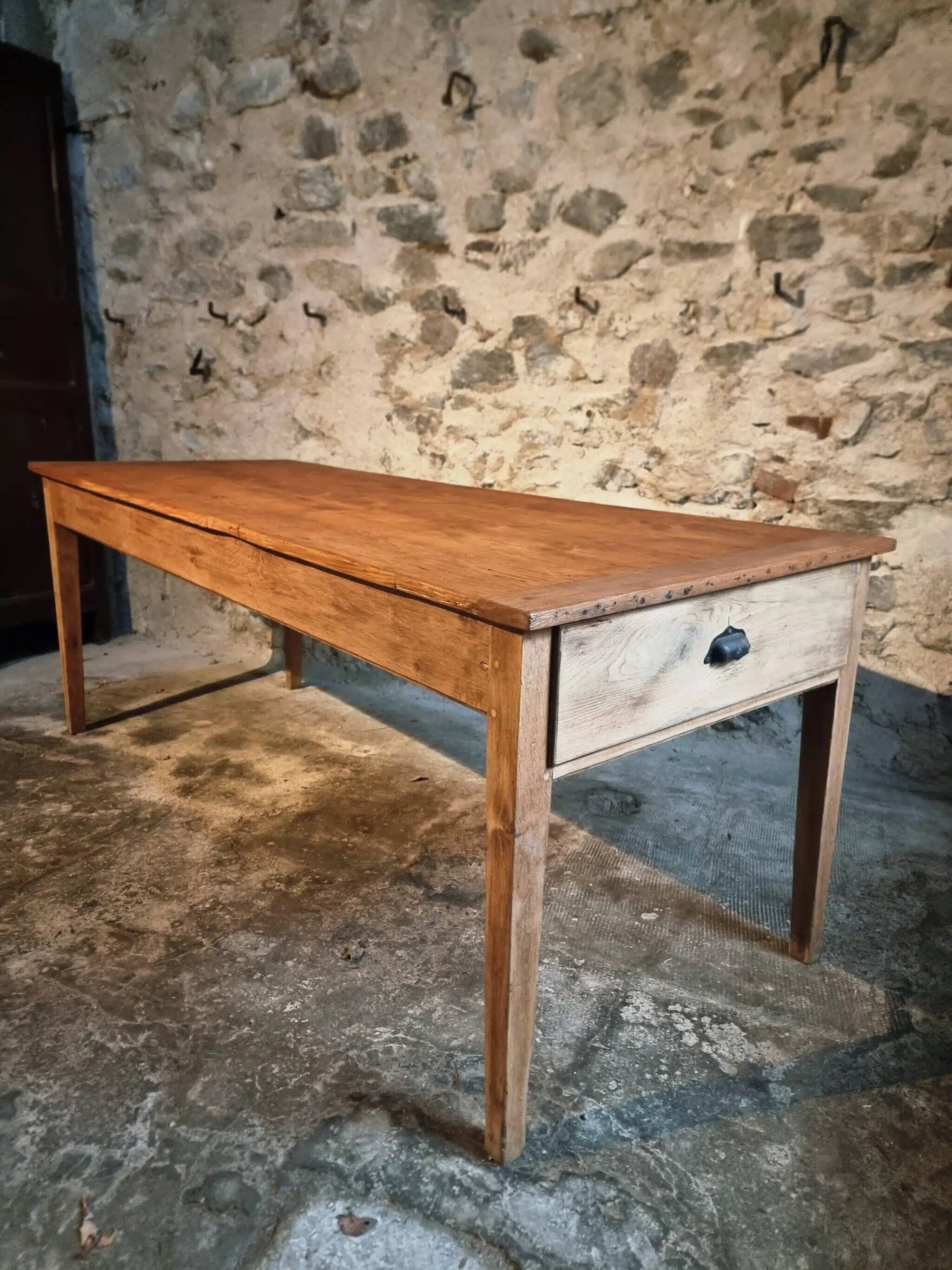 Antique French farmhouse dining table in oak and pine, circa 1900