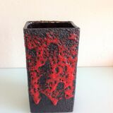 Red and black rectangular vase in ceramic Fat Lava / vintage 60s-70s