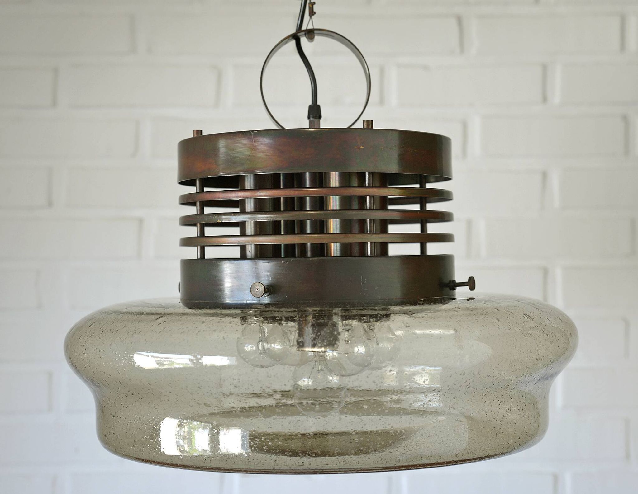 Vintage Brutalist Light X Large Glass Pendant Lamp Mid Century Modern 1980