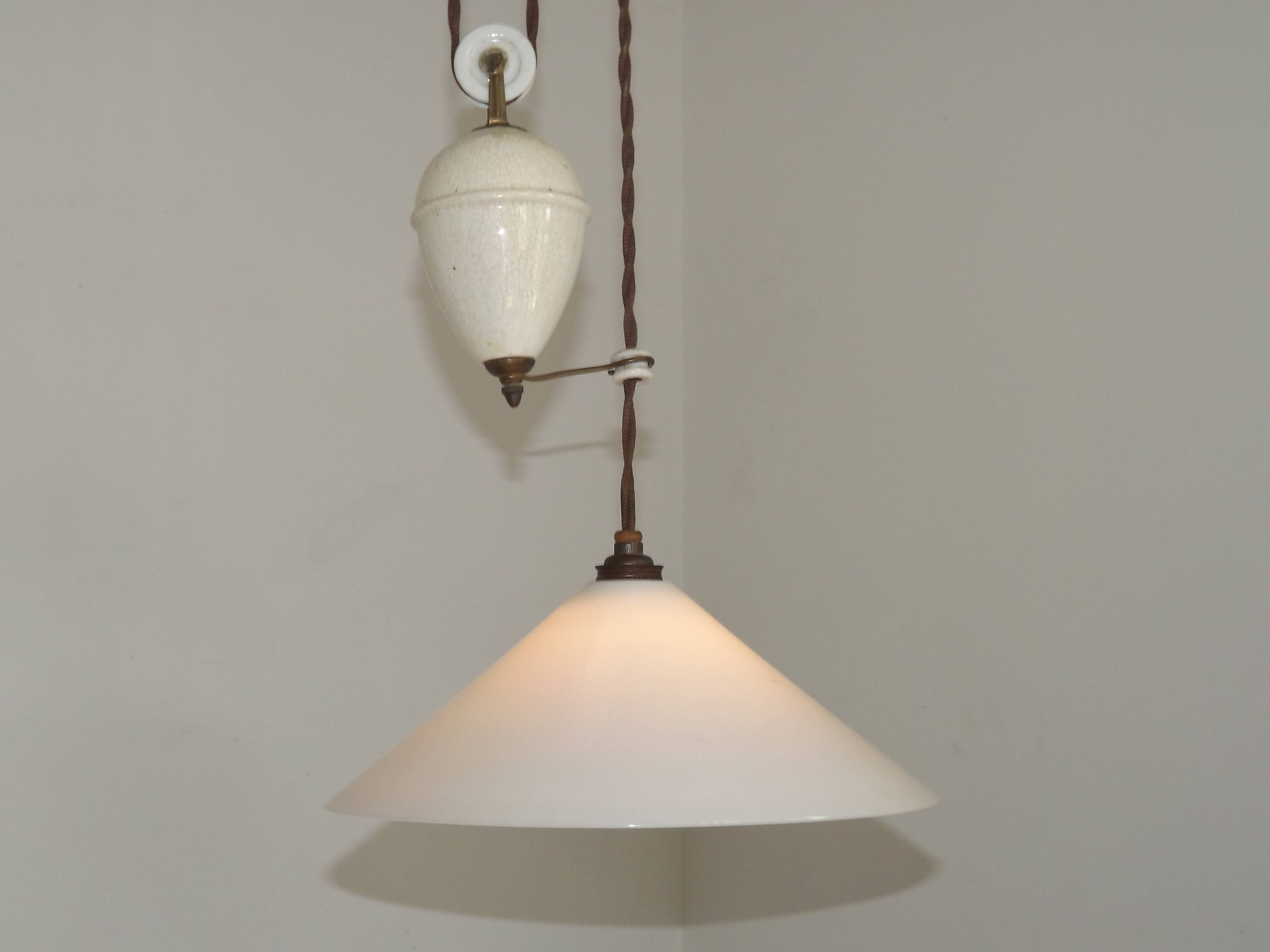 Vintage French Rise & Fall Counterbalance Ceiling Light Opaline Glass Shade