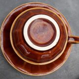 Old cups and under cups of coffee - brown ceramics typical of station buffets