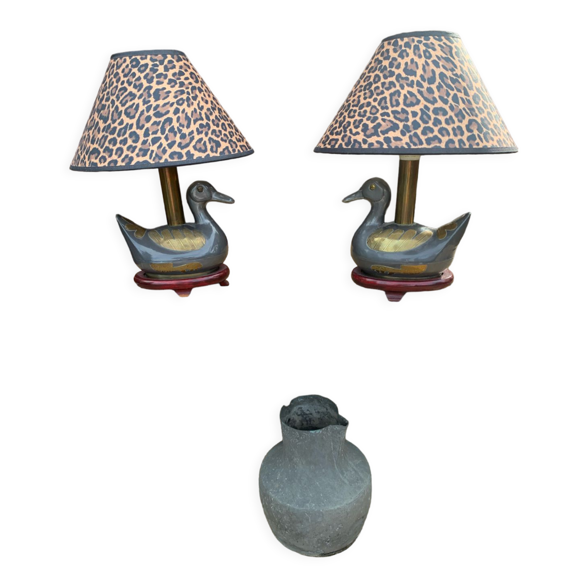 Paire de lampes canards en étain et laiton années 60