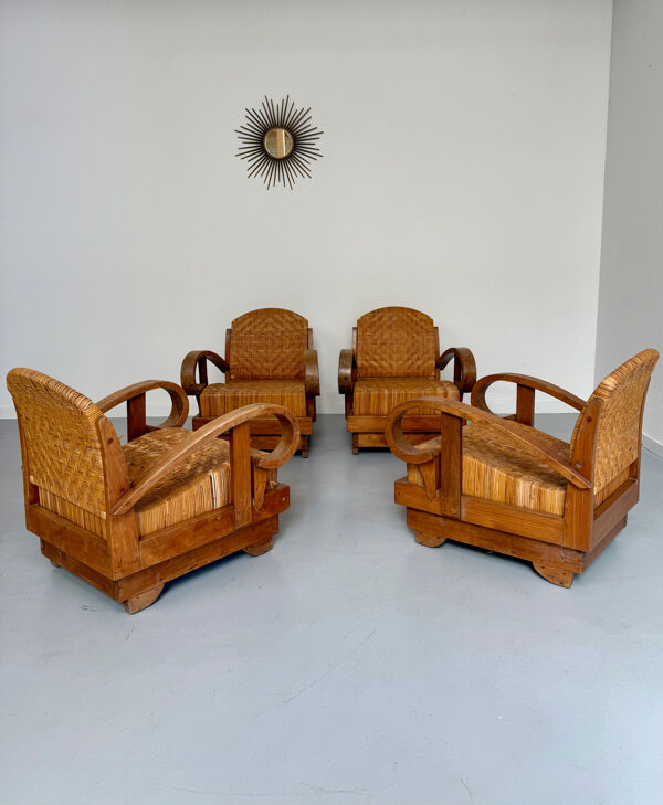 Lot de 4 fauteuils en rotin tissé style coloniale années 50