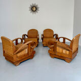Set of 4 woven rattan armchairs, colonial style, 1950s