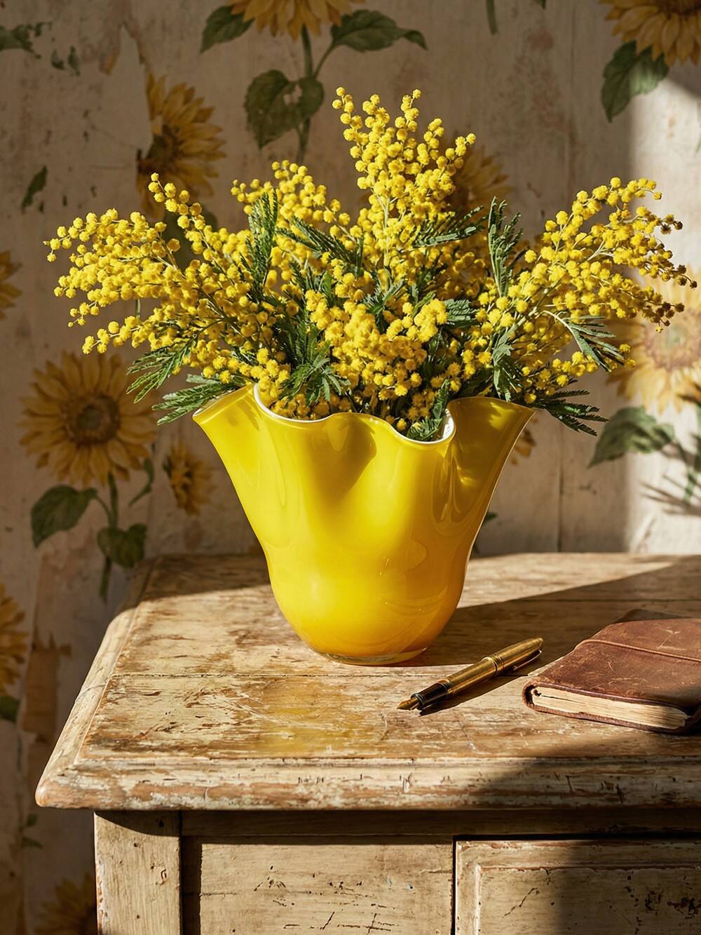 Fazzoletto vase in blown Italian glass, yellow opaline lined, Murano 1960-70.