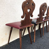 Set of 4 Alsatian chairs, wooden and skaï chair, carved wood, folk art, kitchen, living room, chalet
