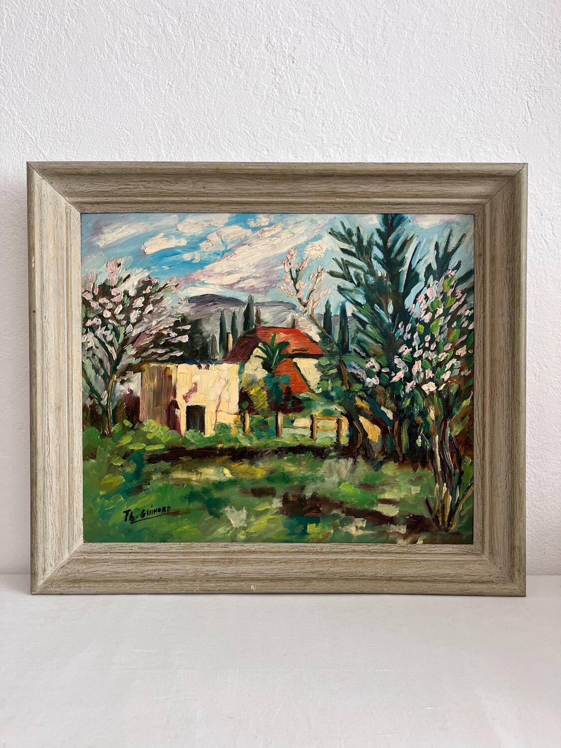 Old oil painting on panel exotic expressionist landscape signed
