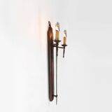 French 20th Century Large Wrought‑Iron Medieval Revival Wall Lamp with Swor