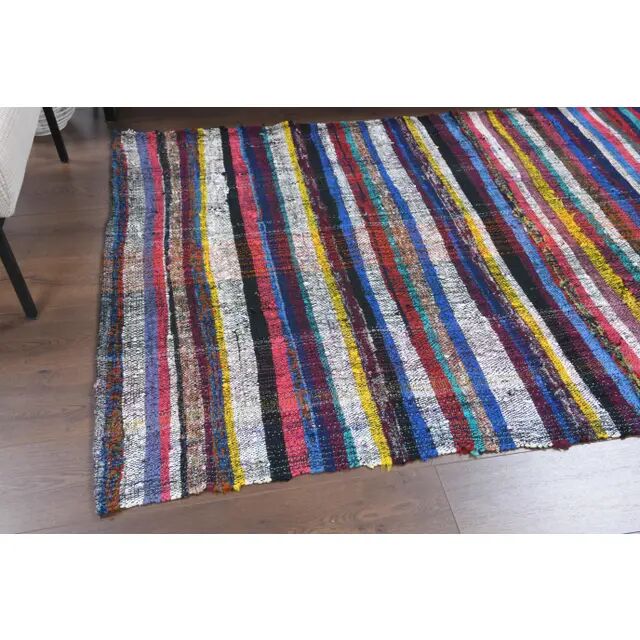 Tapis kilim vintage turc Oushak fait main en laine et coton bleu