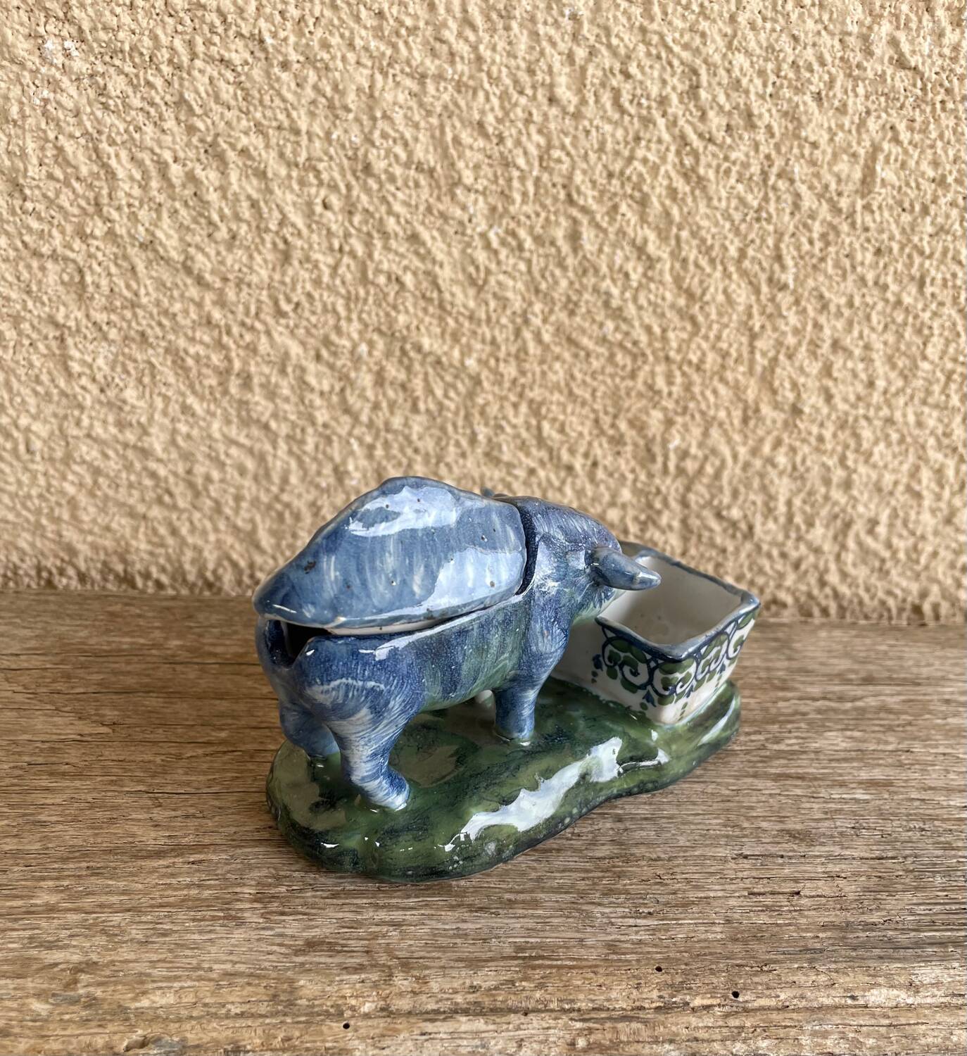 Salt cellar and mustard pot in French faience by A Clement.