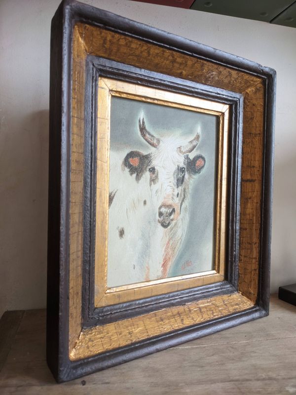 Pastel animalier, étude d’une Vache blanche.