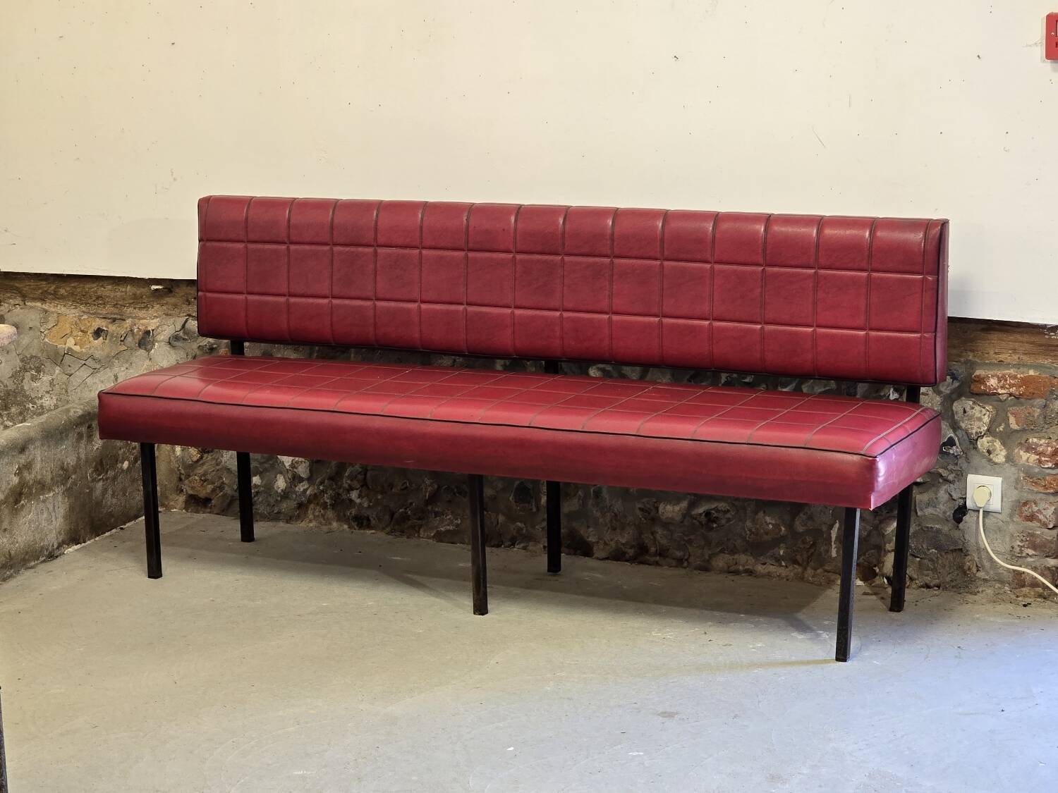 1960s double bistro bench in buttoned burgundy red skai