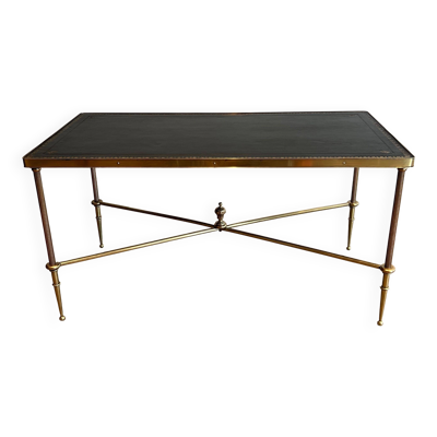 Table basse de style néoclassique en laiton à plateau de cuir noir à bordures dorées de la Maison Jansen