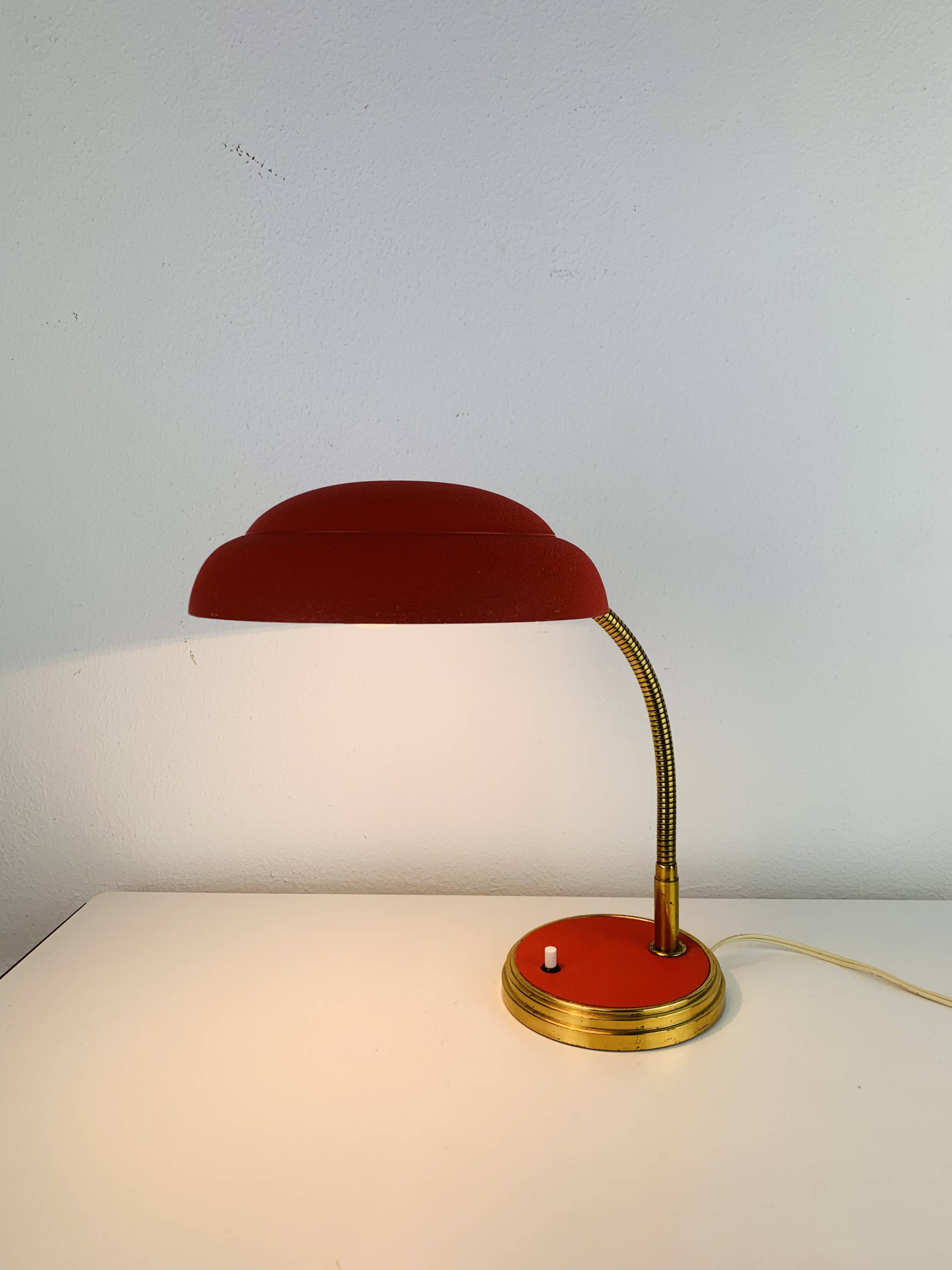 1950s desk lamp, red metal and brass