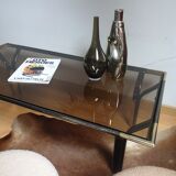 Vintage golden 70s coffee table and space age smoked glass