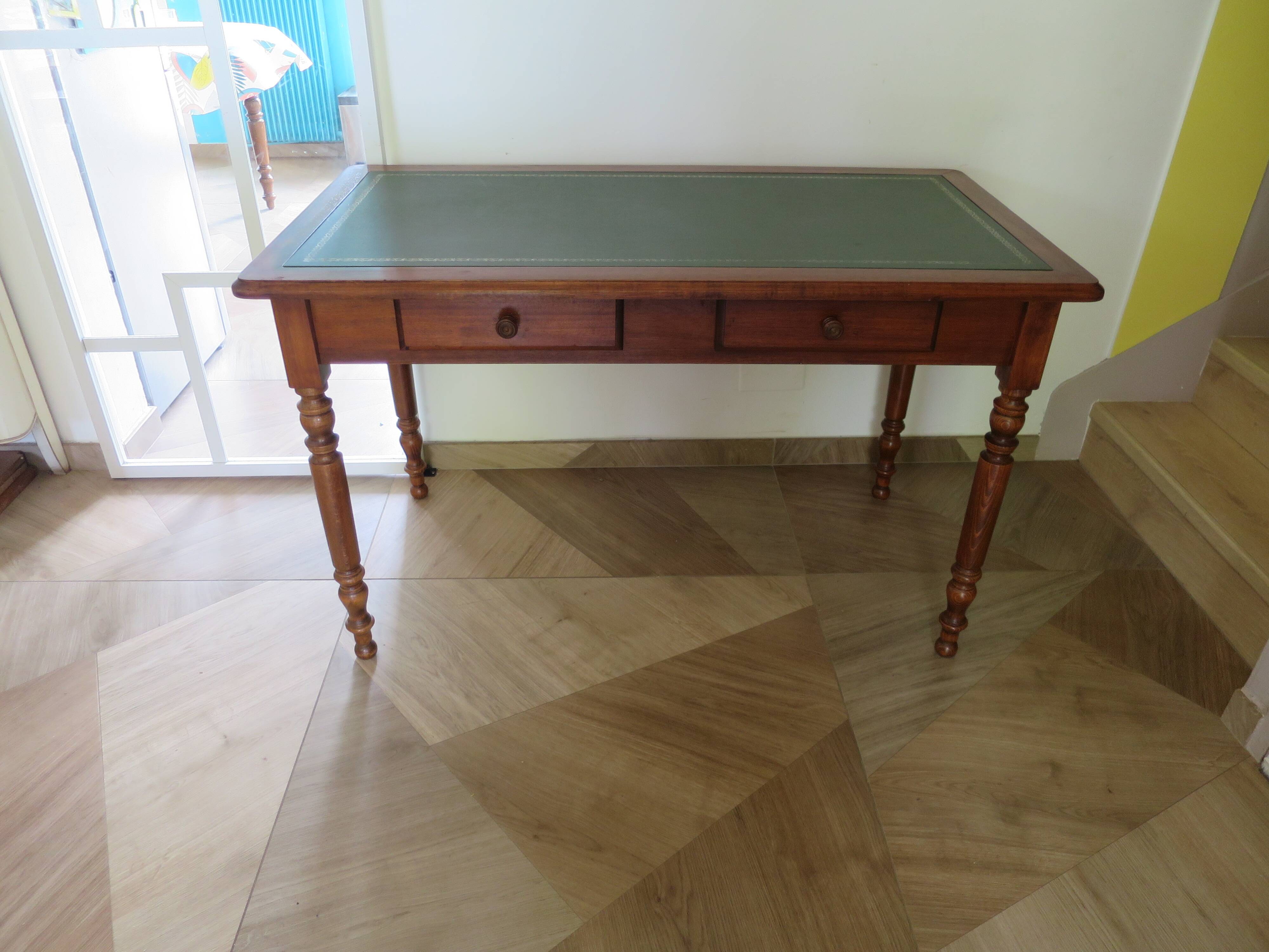 Minister's desk in Louis Philippe style – 2 drawers – cherry wood – green writing pad