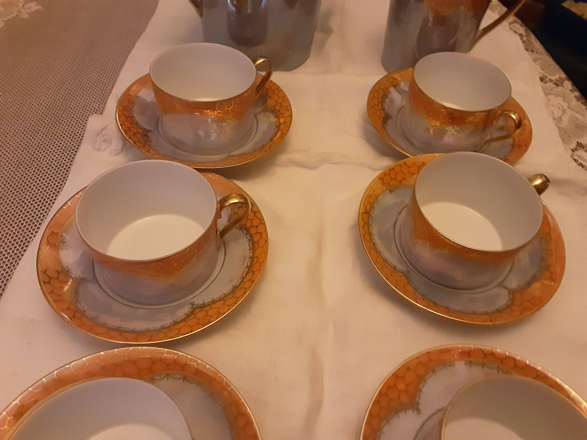 6 CUPS AND SAUCERS CREAMER AND SUGAR BOWL LIMOGES PORCELAIN UNIQUE FRA