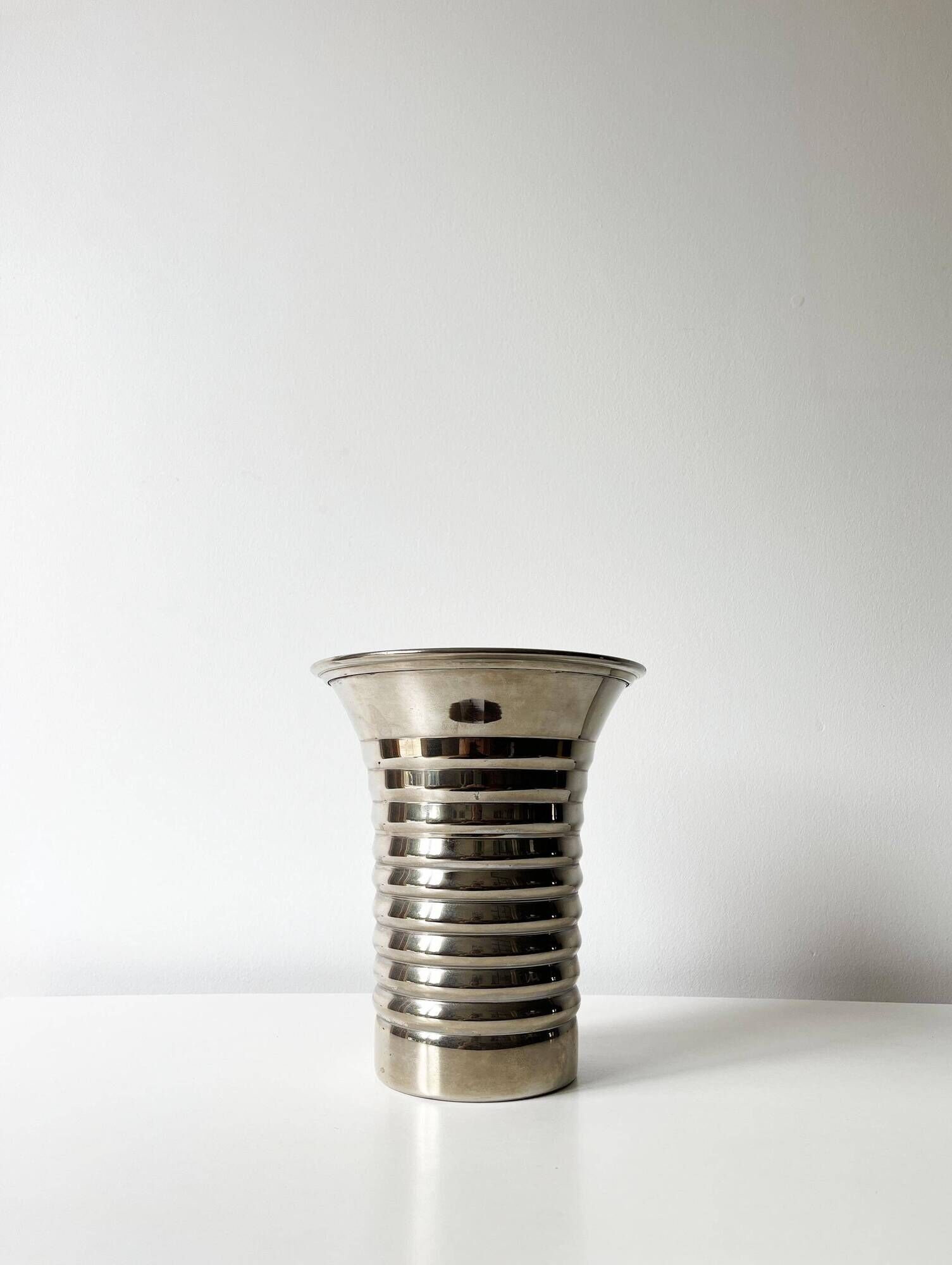 Vintage modernist striped polished aluminium vase