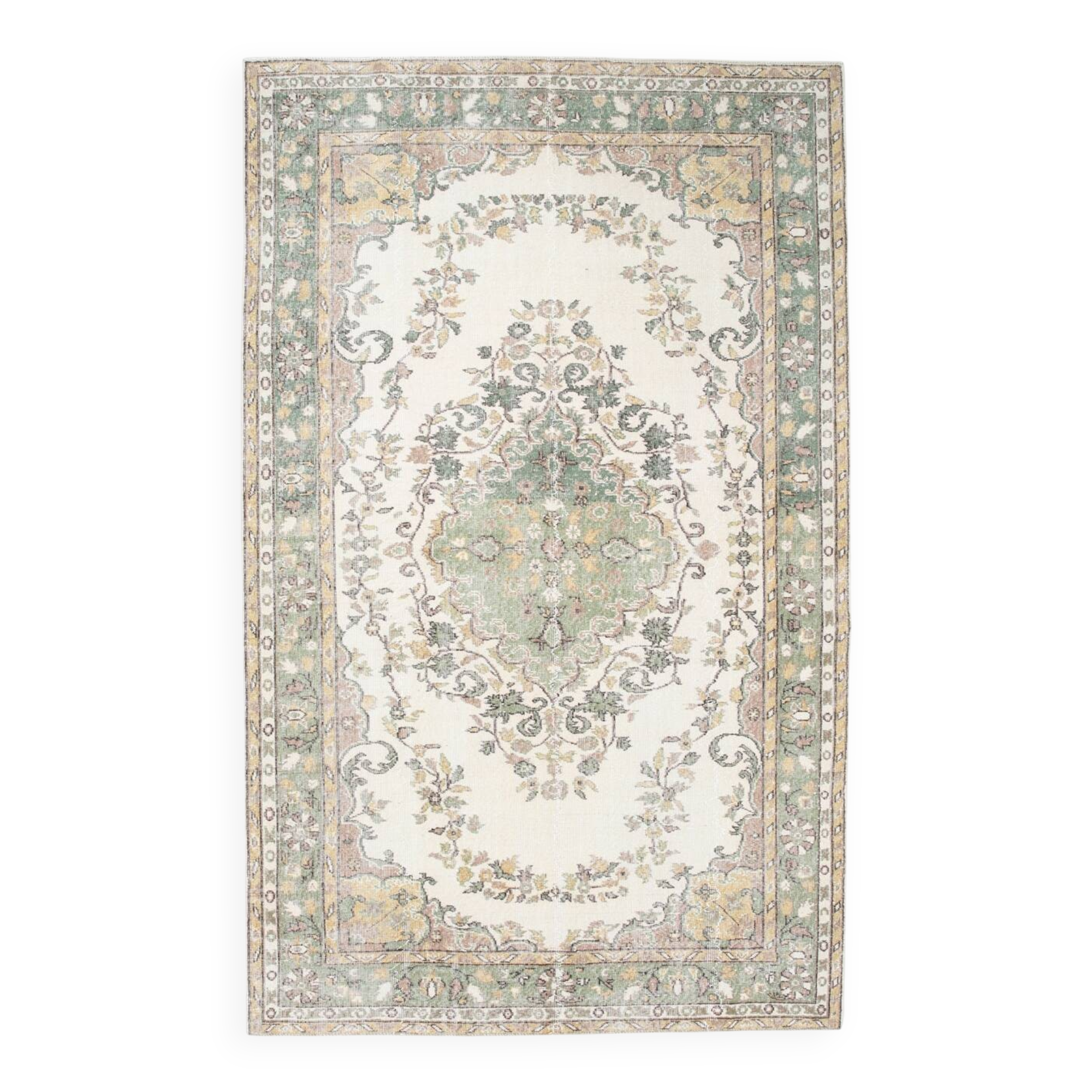 6x10 Beige & Green Geometric Pattern Anatolian Vintage Rug, 185x296 Cm