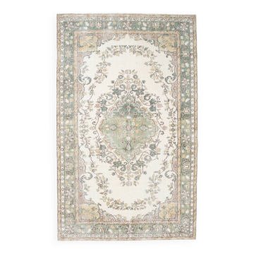 6x10 Beige & Green Geometric Pattern Anatolian Vintage Rug, 185x296 Cm