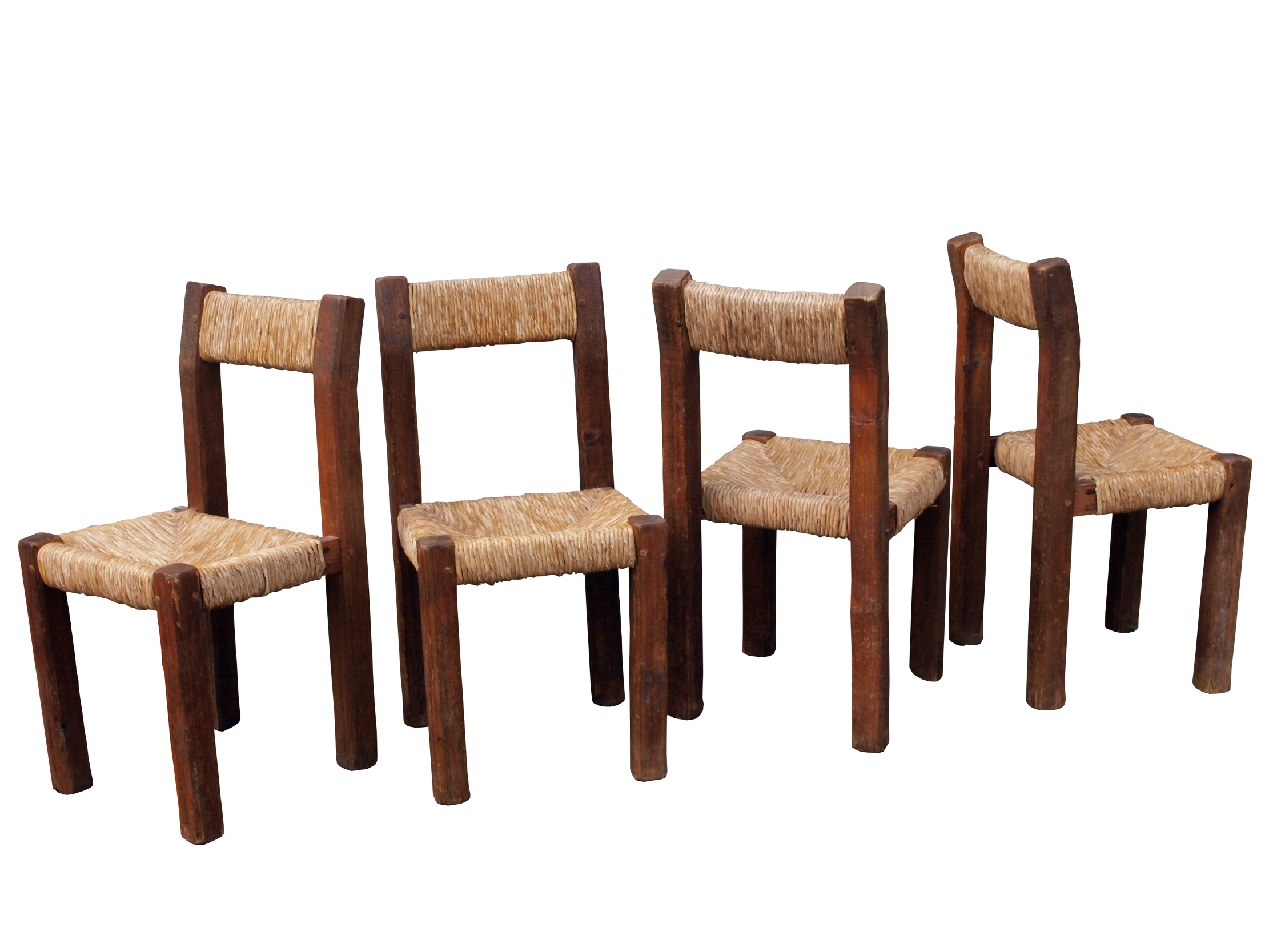 Brutalist chairs in pine and straw, France, 1950s, set of 4