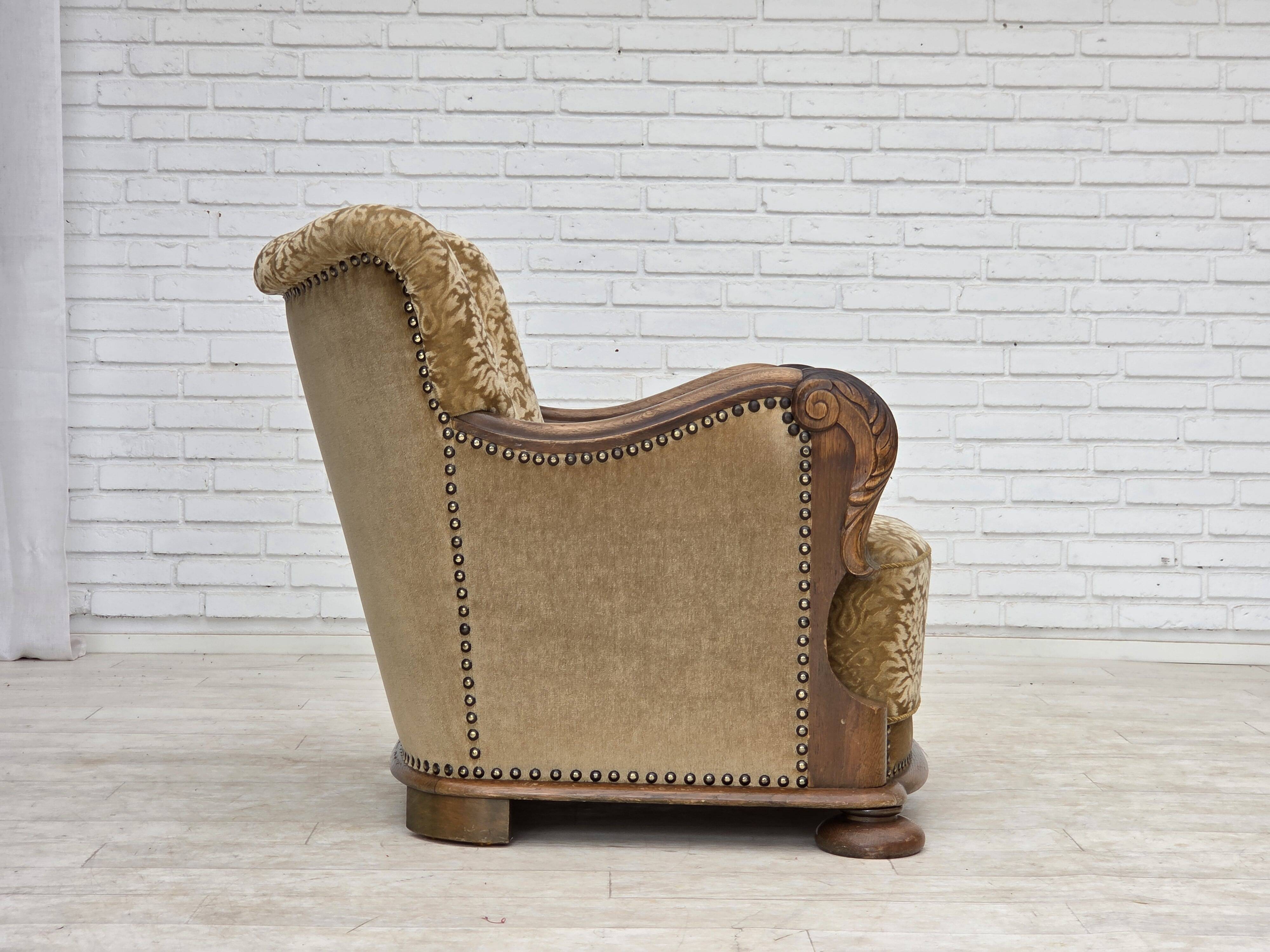 1950s, Danish relax armchair, furniture velour, carved oak wood.