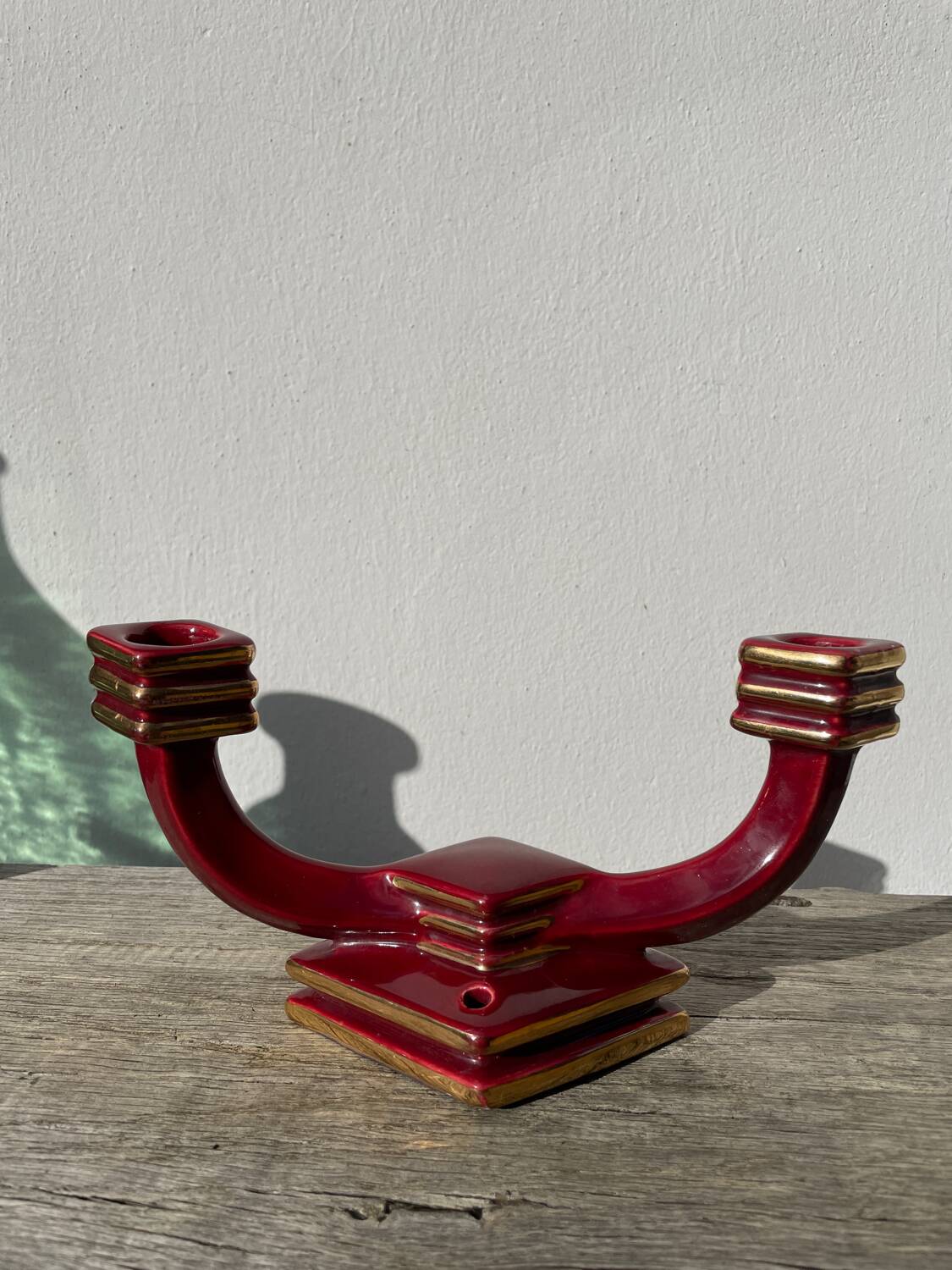 Art Deco burgundy red ceramic candlestick