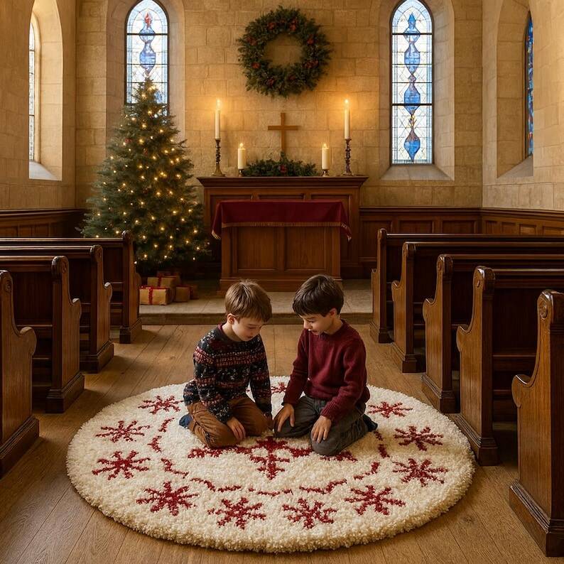 Handmade Moroccan Wool Snowflake Rug: Red & White Christmas Decor 200X200cm
